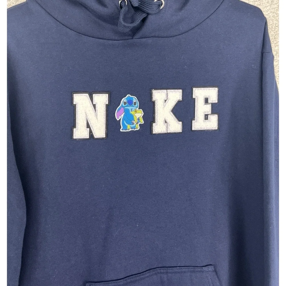 Fit Essentials Stitch  Patch Hoodie Mens L Navy Blue Spellout Disney EUC